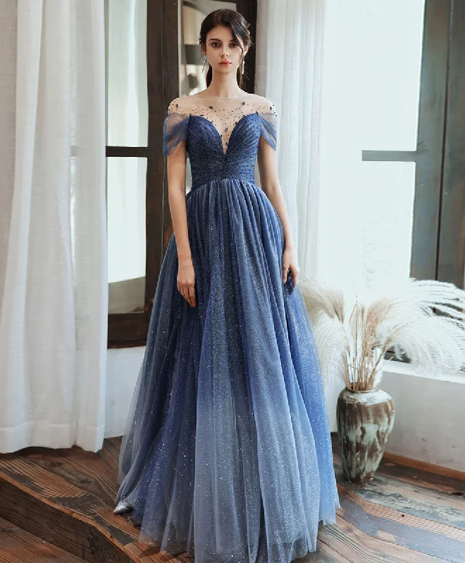 Street Style Blue Tulle Off Shoulder Sequin Long Prom Dress Blue Evening Dress