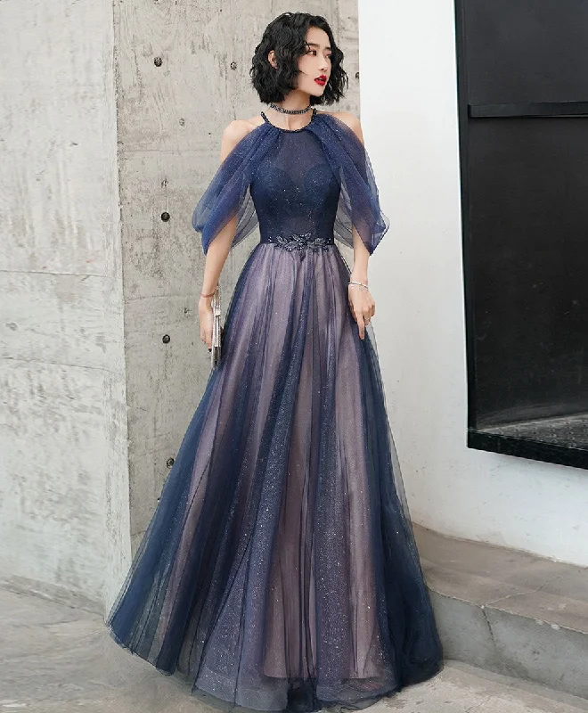 Exquisite workmanship Blue Tulle Sequin Long Prom Dress Blue Tulle Evening Dress