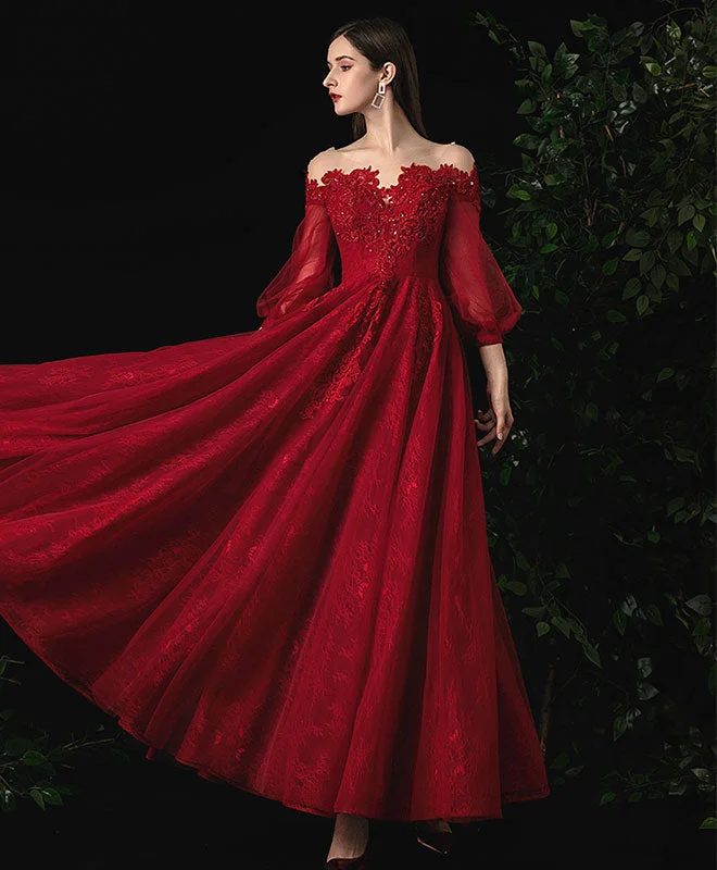 Noble Temperament Burgundy Round Neck Tulle Lace Prom Dress, Burgundy Evening Dress