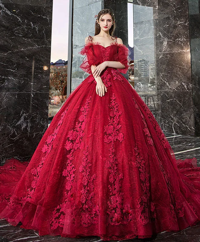 Minimal Style Burgundy Sweetheart Tulle Lace Long Evening Dress, Formal Dress
