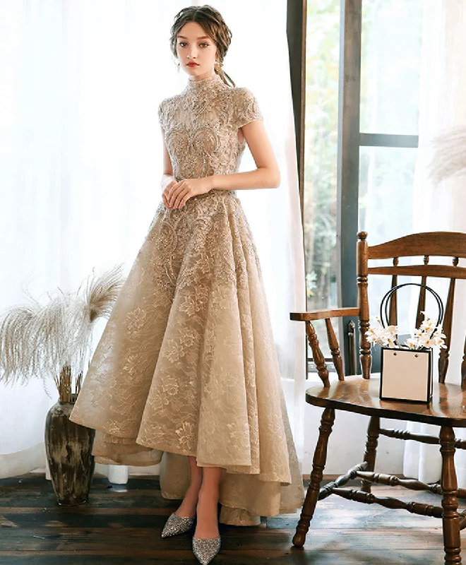 Sports suit style Champagne High Neck Lace Prom Dress, Champagne Lace Formal Dress