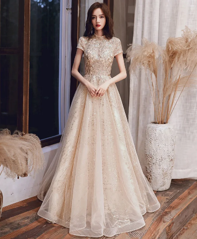 Street Letter Style Champagne High Neck Tulle Sequin Long Prom Dress Formal  Dress