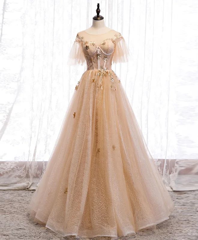 Independent design Champagne Round Neck Tulle Lace Long Prom Dress Formal Dress