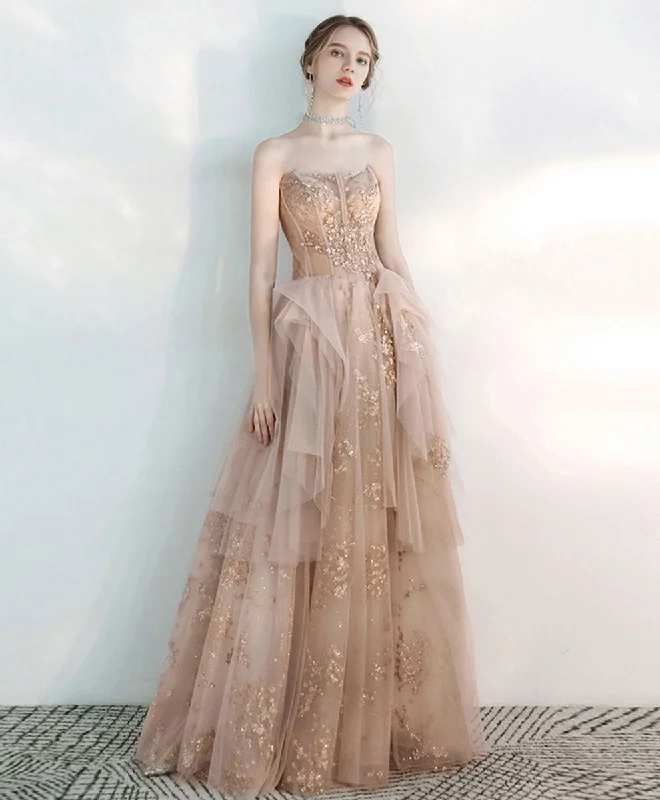Fashionable sports Champagne Sweetheart Tulle Lace Long Prom Dress, Sequin Formal Graduation Dress