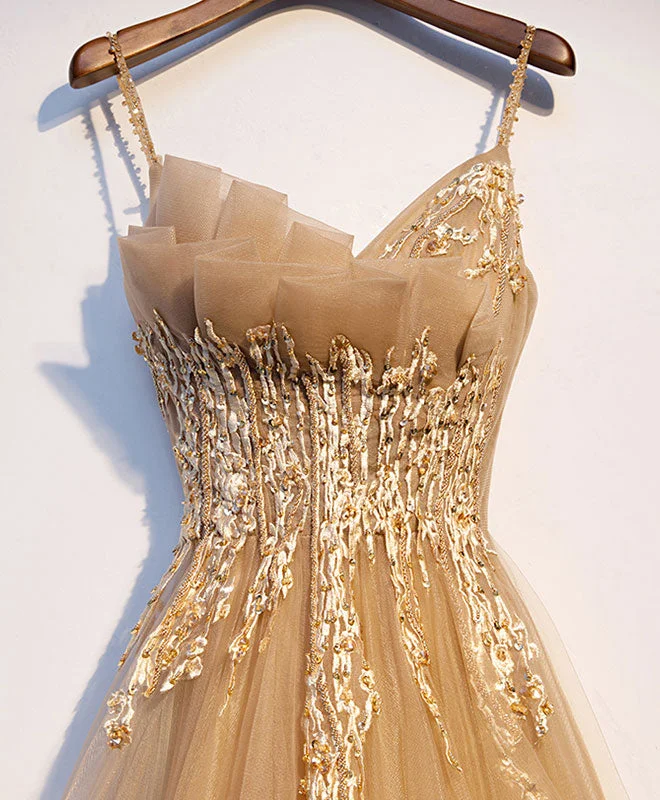 Trendy Traveler Champagne Tulle Lace Long Prom Dress Champagne Evening Dress
