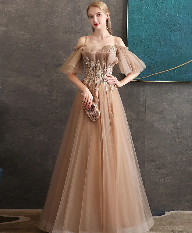 Nightclub Style Champagne Tulle Lace Long Prom Dress Tulle Formal Dress
