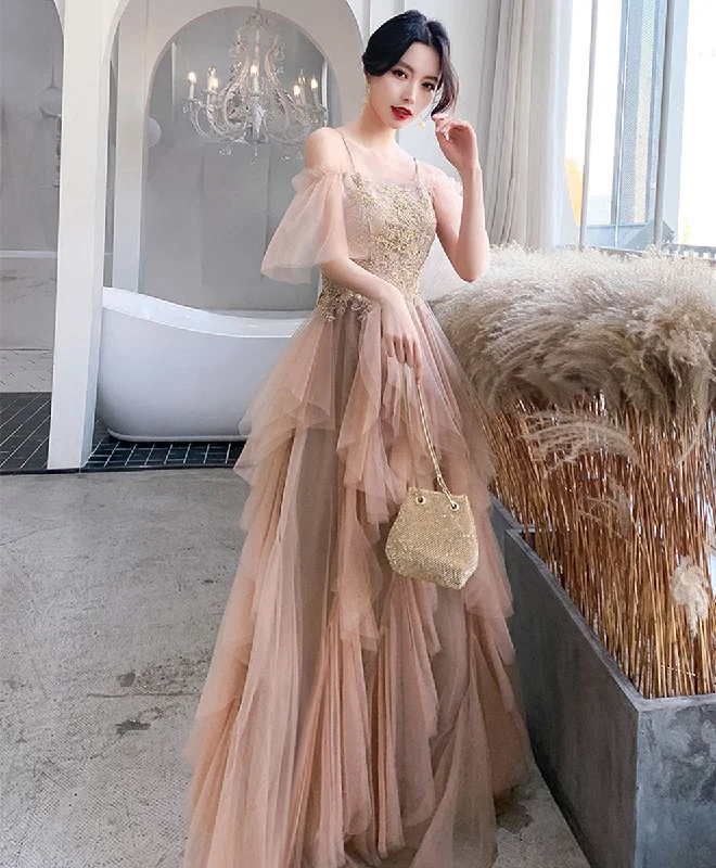 Knitted Design Champagne Tulle Lace Long Prom Dress Tulle Lace Evening Dress