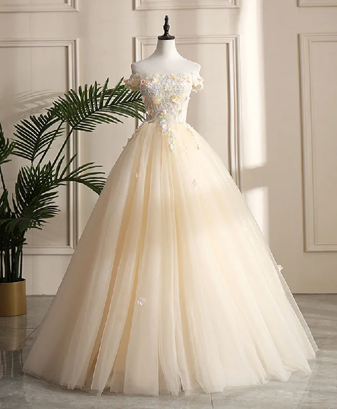 Avant-garde trend Champagne Tulle Off Shoulder Lace Long Prom Dress ,Sweet 16 Dress