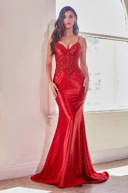 Elegant Style FITTED GLITTER & LACE STRETCH SATIN GOWN