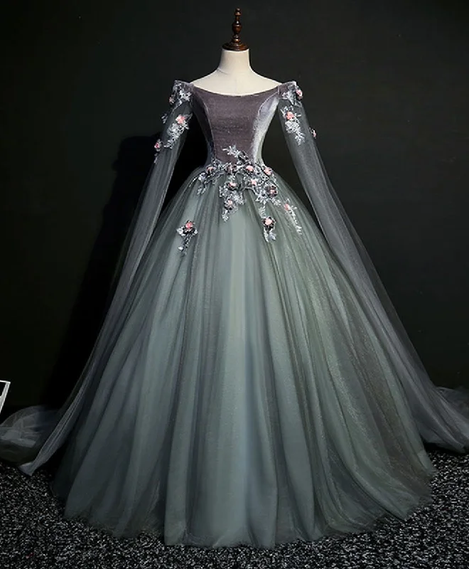British casual Gray Green Tulle Lace Long Prom Dress Gray Tulle Formal Dress