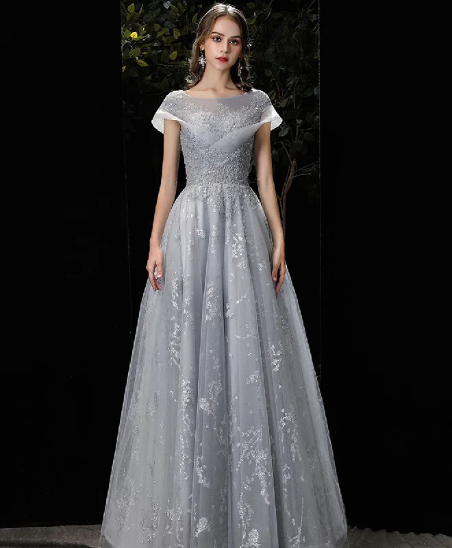 Wandering freely Gray Round Neck Tulle Lace Long Prom Dress Gray Tulle Formal Dress