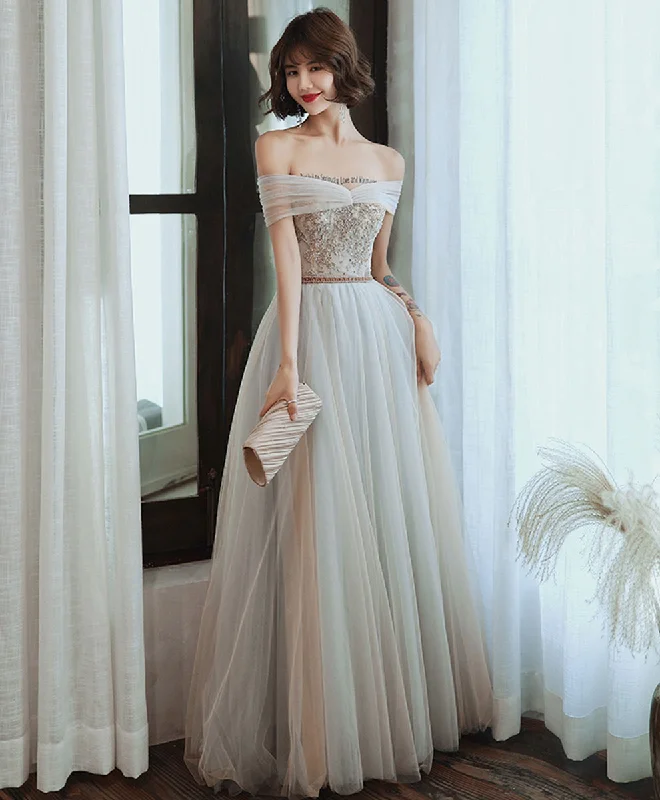 Multi-functional style Gray Tulle Lace Long Prom Dress Tulle Lace Formal Dress