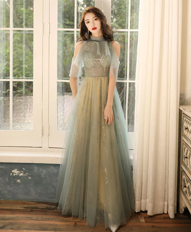 Street Show-off Style Green Tulle Hight Neck Tulle Lace Long Prom Dress Tulle Formal Dress