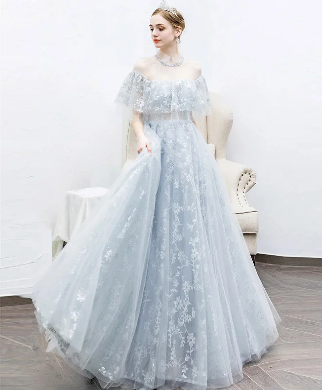 Sports Functional Style Aline Gray Tulle Lace Long Prom Dress, Gray Tulle Lace Evening Dress