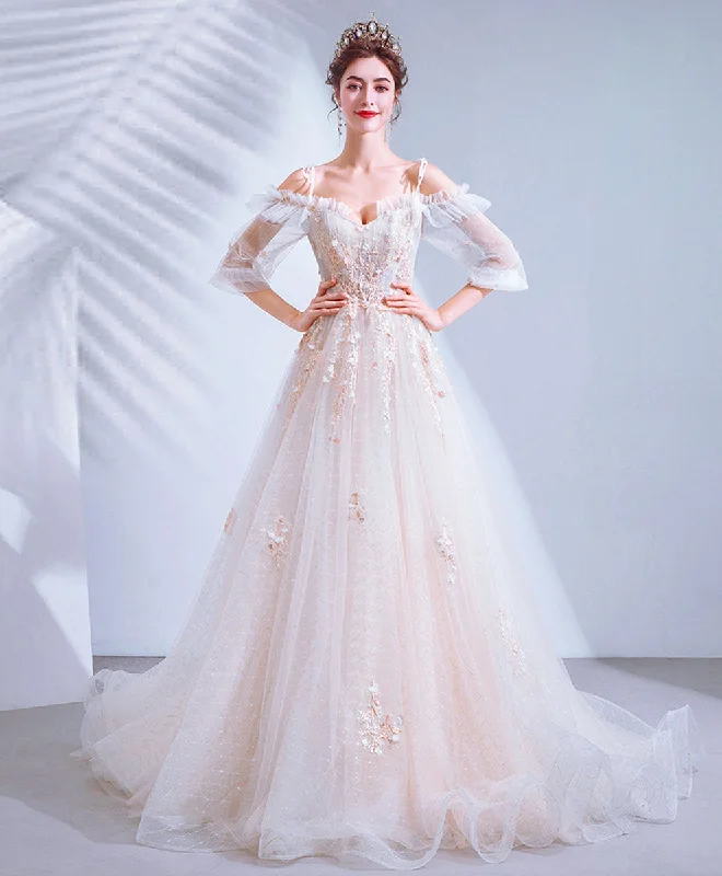 Slim Fit Light Pink Tulle Lace Long Prom Dress Lace Long Evening Dress