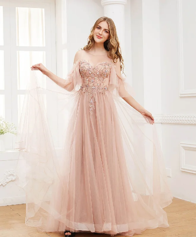 Elegant and noble Pink Round Neck Tulle Beads Long Prom Dress Formal Dress