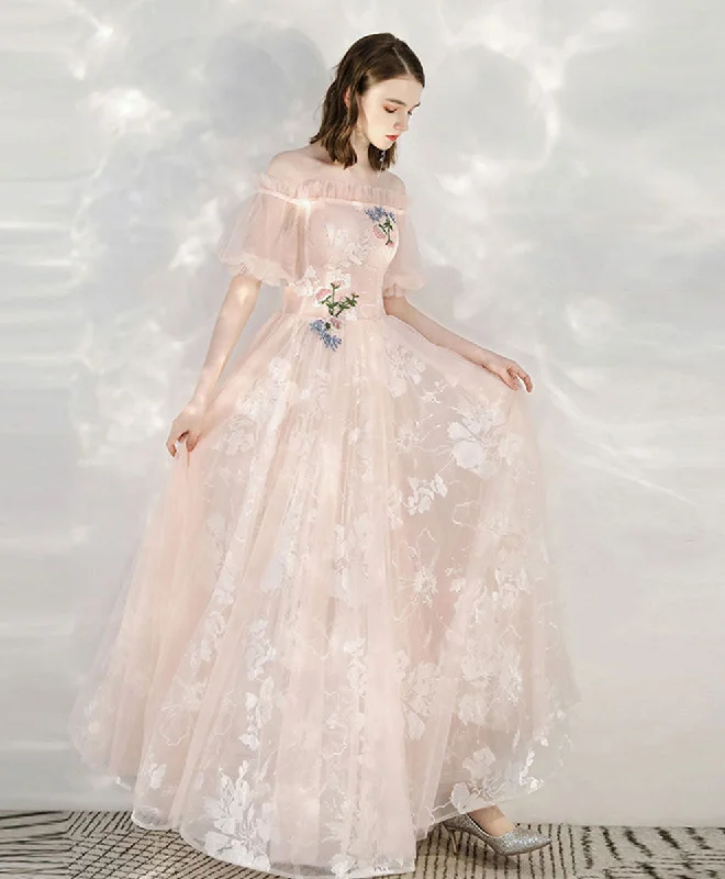 Skirt style Pink Tulle Lace Off Shoulder Long Prom Dress Tulle Lace Evening Dress