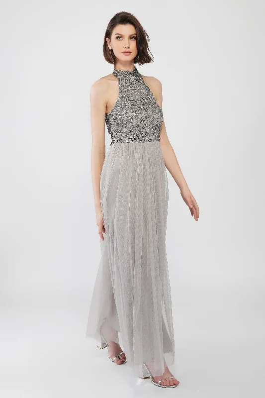 Street Fashion Style Sareen Grey Embellished Maxi Dress