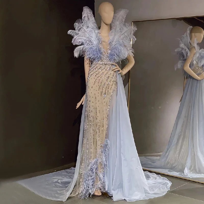 Retro Design Serene Hill Blue Feather Beaded Evening Dresses Gowns 2024 Mermaid Luxury Elegant For Women Party LA71587 Retro Design Serene Hill Blue Feather Beaded Evening Dresses Gowns 2024 Mermaid Luxury Elegant For Women Party LA71587
