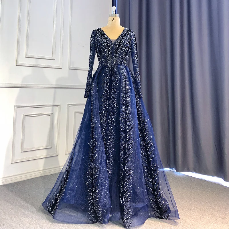 Letter embroidery Serene Hill Navy Blue Velvet Muslim Mermaid Elegant Evening Dresses Beaded Long Sleeves With Skirt Not Removable 2024 LA71691 Letter embroidery Serene Hill Navy Blue Velvet Muslim Mermaid Elegant Evening Dresses Beaded Long Sleeves With Skirt Not Removable 2024 LA71691