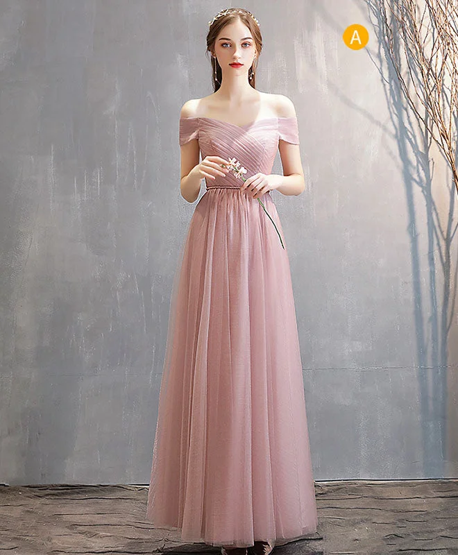 Retro Lace Fabric Simple Pink Tulle Long Prom Dress Pink Tulle Bridesmaid Dress