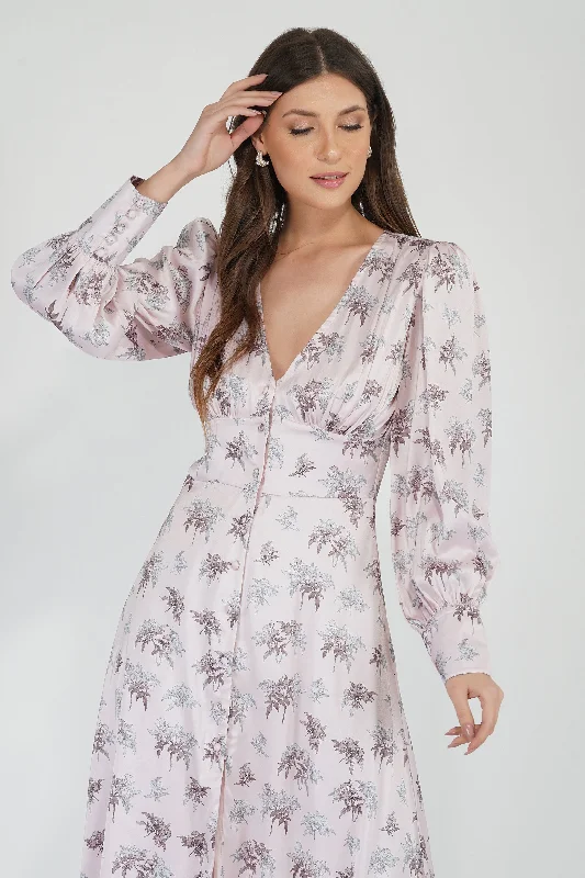 Classic Series Tessa Long Sleeve Satin Midi Dress in Pink