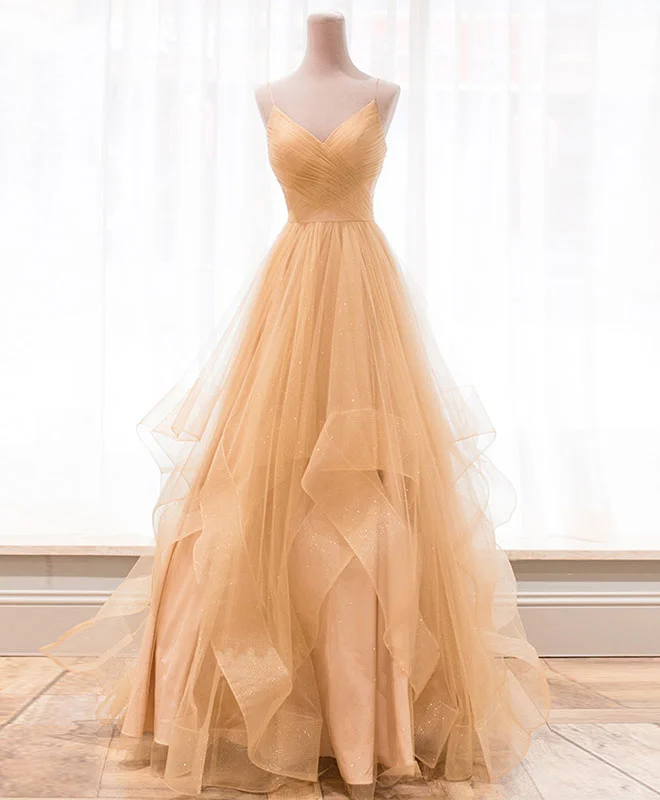Boutique style Unique V Neck Tulle A-Line Long Prom Dress Tulle Formal Dress