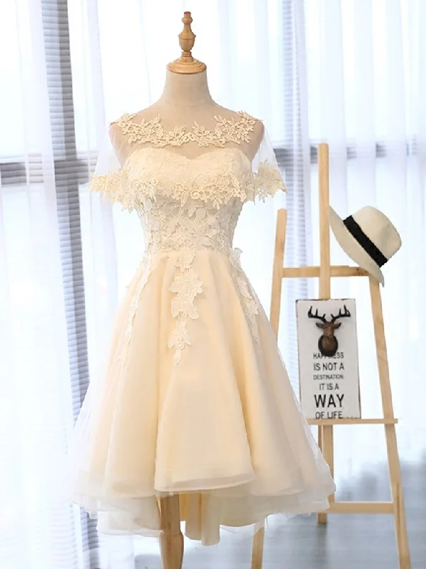 High waist design Champagne High Low Lace Prom Dresses, Champagne High Low Lace Formal Homecoming Dresses,DS1540 High waist design Champagne High Low Lace Prom Dresses, Champagne High Low Lace Formal Homecoming Dresses,DS1540
