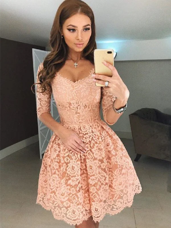Sports Casual Style Half Sleeves Short Champagne Lace Prom Dresses, Short Champagne Lace Formal Homecoming Dresses,DS1624 Sports Casual Style Half Sleeves Short Champagne Lace Prom Dresses, Short Champagne Lace Formal Homecoming Dresses,DS1624