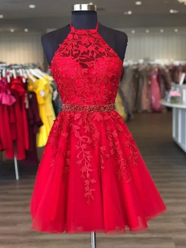 Sports outdoor style Halter Neck Short Red Lace Prom Dresses, Short Red Lace Formal Homecoming Dresses,DS1600 Sports outdoor style Halter Neck Short Red Lace Prom Dresses, Short Red Lace Formal Homecoming Dresses,DS1600