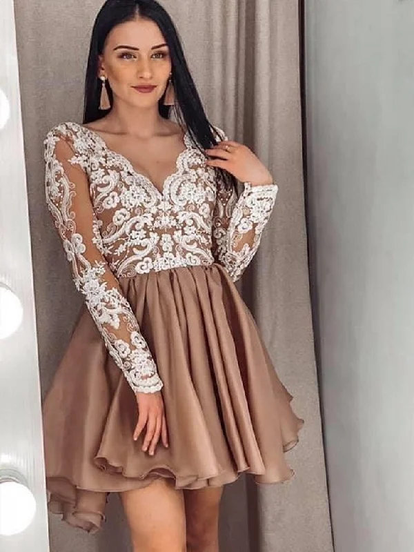 Retro Lace Fabric Long Sleeves V Neck Short Champagne Lace Prom Dresses, Short Champagne V Neck Lace Formal Homecoming Dresses,DS1661 Retro Lace Fabric Long Sleeves V Neck Short Champagne Lace Prom Dresses, Short Champagne V Neck Lace Formal Homecoming Dresses,DS1661