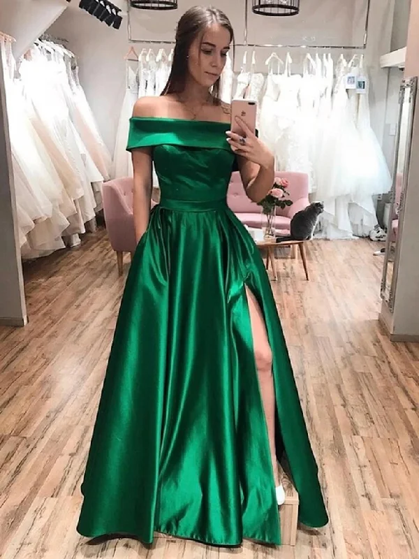 Cool Breeze At Night Off the Shoulder Green Satin Prom Dresses, Off Shoulder Green Satin Long Formal Evening Dresses,DS1666
