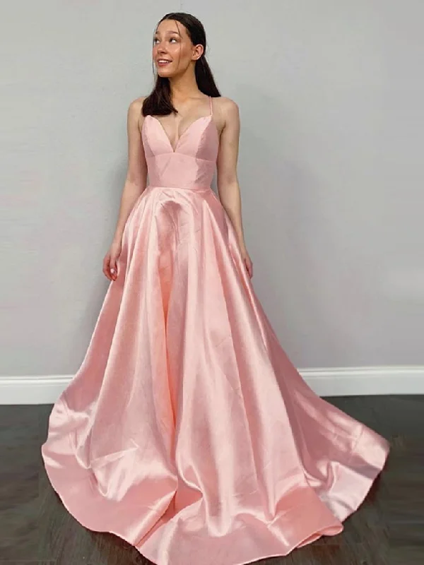 Sports High Waist Style Pink V Neck Backless Satin Long Prom Dresses, Pink V Neck Long Satin Formal Evening Dresses,DS1608 Sports High Waist Style Pink V Neck Backless Satin Long Prom Dresses, Pink V Neck Long Satin Formal Evening Dresses,DS1608