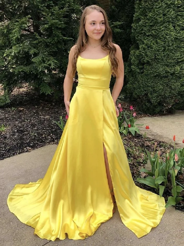 Street Show-off Style Scoop Neck Yellow Satin Prom Dress with Leg Slit, Yellow Satin Long Formal Evening Dresses,DS1636 Street Show-off Style Scoop Neck Yellow Satin Prom Dress with Leg Slit, Yellow Satin Long Formal Evening Dresses,DS1636