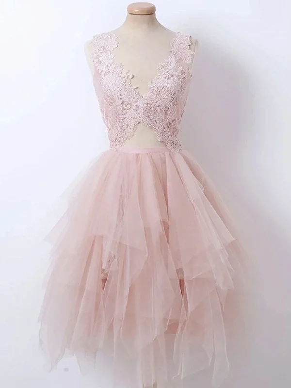 Printed pattern Short V Neck Pink Lace Prom Dresses, Short Pink Lace Formal Homecoming Dresses,DS1594 Printed pattern Short V Neck Pink Lace Prom Dresses, Short Pink Lace Formal Homecoming Dresses,DS1594
