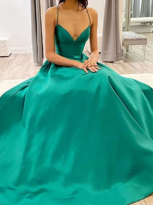 Sports Comfort Style Simple Green V Neck Satin Long Prom Dresses, V Neck Green Satin Long Formal Evening Dresses,DS1617