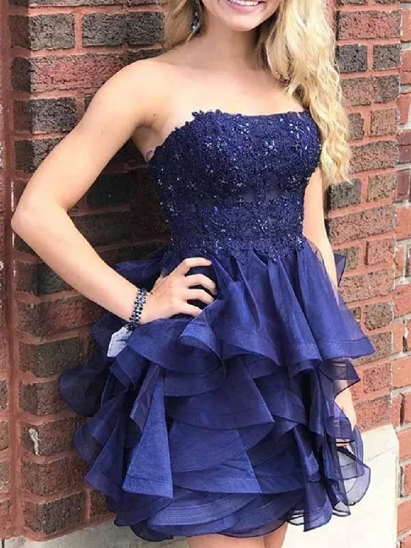 Street Vertical And Horizontal Design Strapless Short Navy Blue Lace Prom Dresses, Short Navy Blue Lace Formal Homecoming Dresses,DS1645 Street Vertical And Horizontal Design Strapless Short Navy Blue Lace Prom Dresses, Short Navy Blue Lace Formal Homecoming Dresses,DS1645