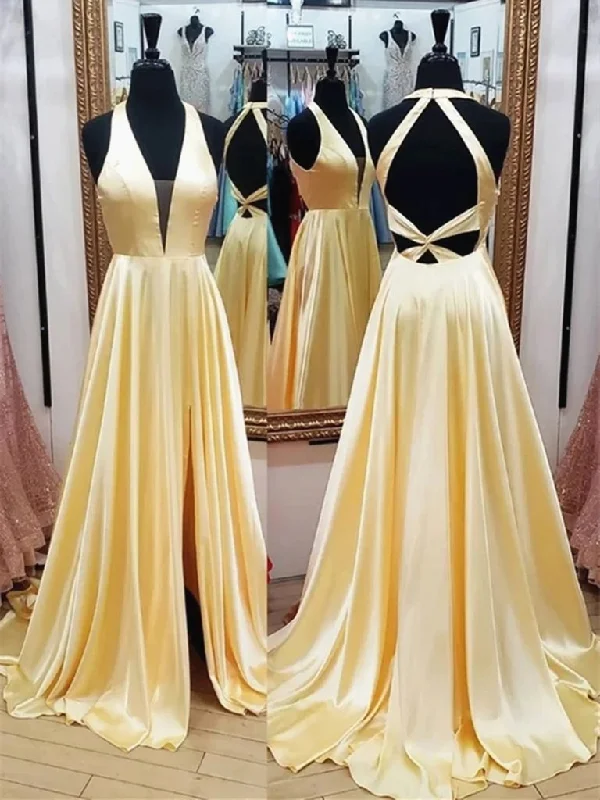 Retro Woolen Jacket V Neck Backless Yellow Satin Long Prom Dresses, Yellow Open Back Formal Evening Graduation Dresses,DS1665