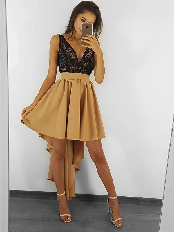 Cool Style V Neck Black Lace Champagne High Low Prom Dresses, Champagne High low Formal Homecoming Dresses,DS1647 Cool Style V Neck Black Lace Champagne High Low Prom Dresses, Champagne High low Formal Homecoming Dresses,DS1647