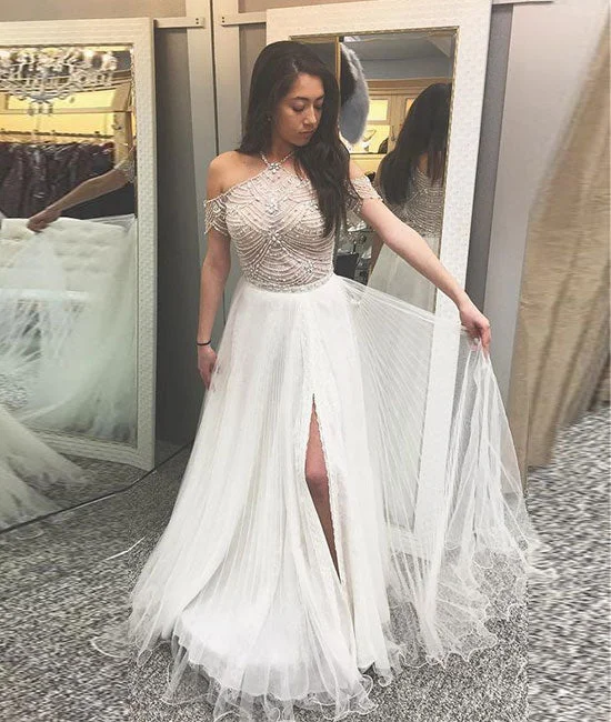 Elegant And Elegant A-Line halter cold shoulder white prom dress with beading, white evening dress