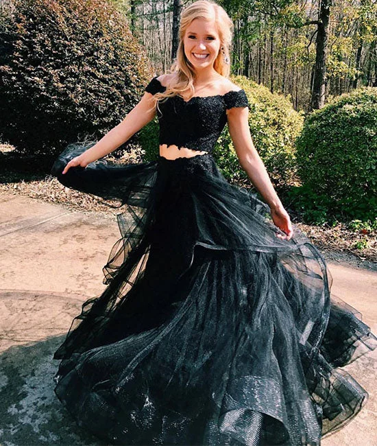 Single-shoulder Neck Design Black lace tulle two pieces long prom dress, black evening dress