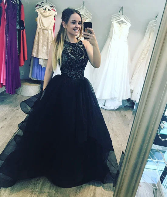 High-waisted pants style Black tulle lace long prom dress, evening dress