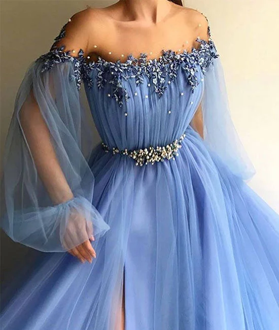 Wandering freely Blue round neck tulle lace applique long prom dress, blue evening dress