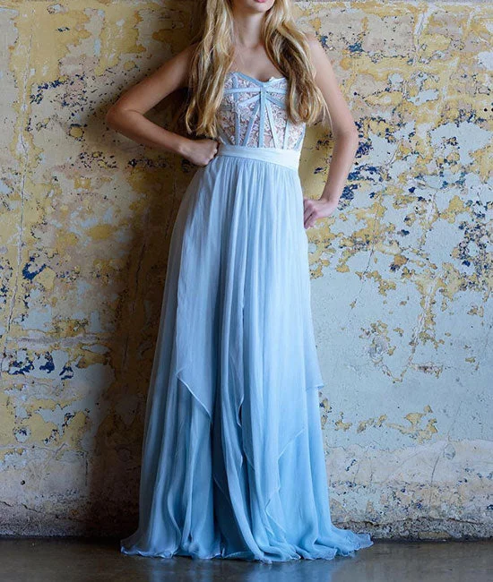 Sports Fitness Style Blue sweetheart neck chiffon lace long prom dress, blue evening dress