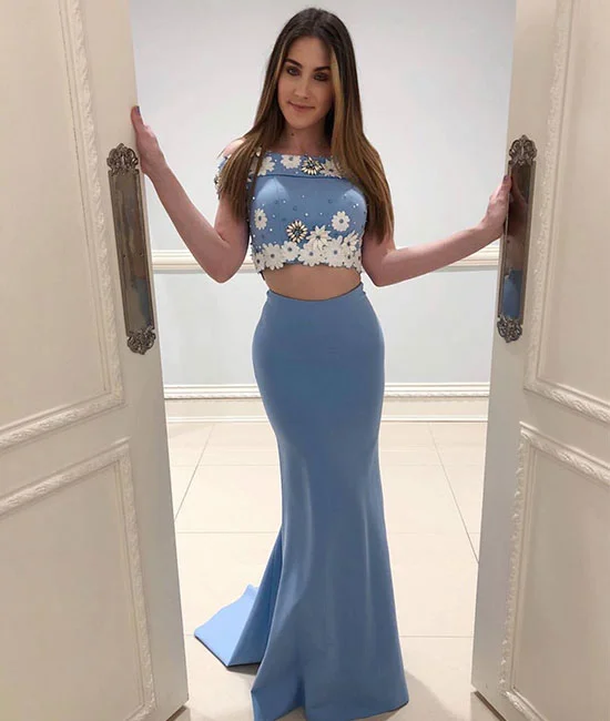 Knitted Design Blue two pieces mermaid long prom dress, blue evening dress