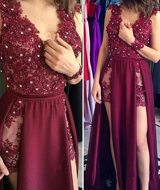Street Show-off Style Burgundy v neck chiffon lace applique long prom dress, burgundy evening dress