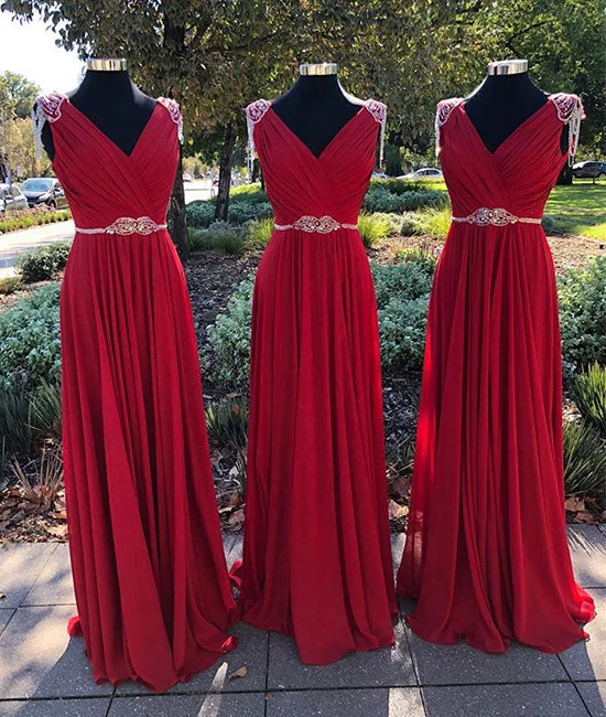 Nightclub Style Burgundy v neck chiffon long prom dress, burgundy evening dress