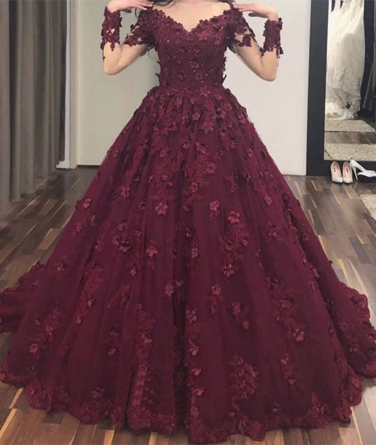 Street Sports Shoes Burgundy v neck tulle applique long prom dress, burgundy evening dress