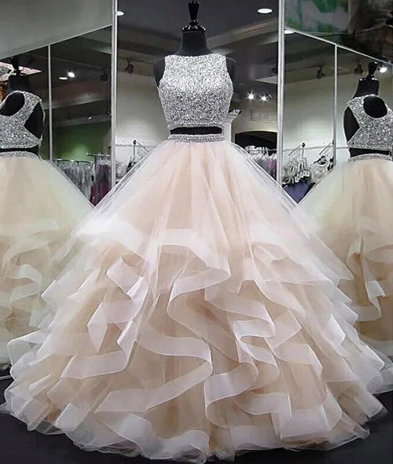 Sports Jacket Champagne two pieces sequin tulle long prom dress, champagne evening dress
