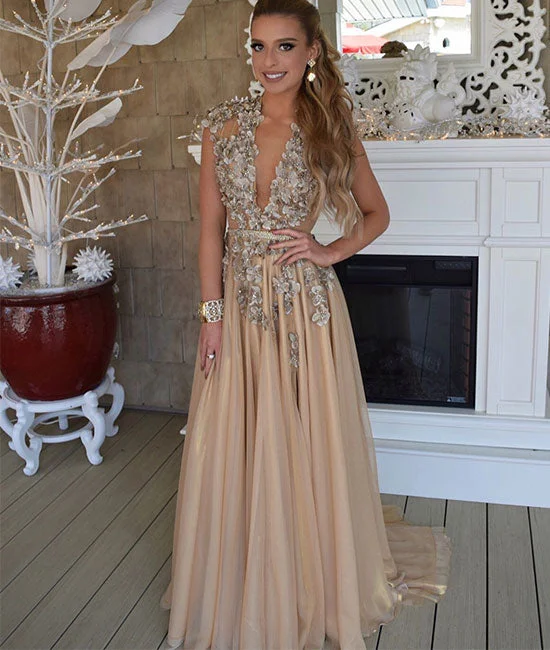 Black And White Style Champagne v neck chiffon applique long prom dress, champagne evening dress